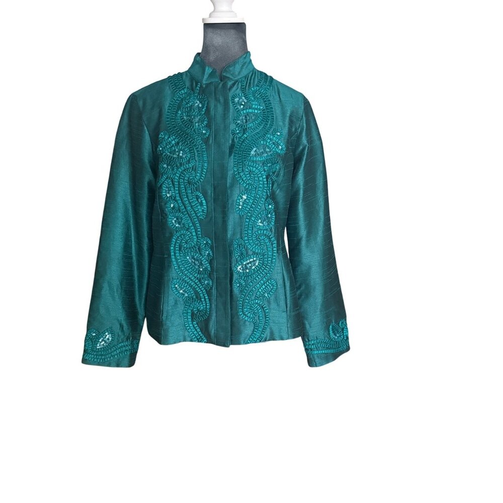Chicos Embroidered Teal Long-Sleeve Jacket Size 1 NWT